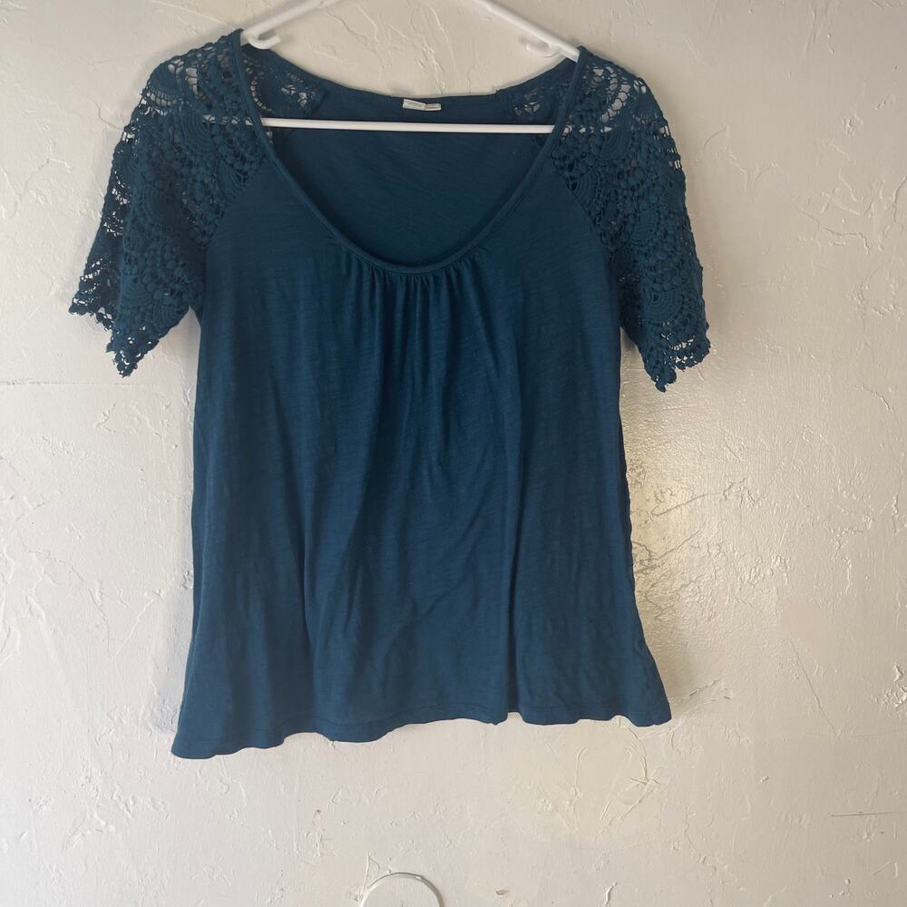 Anthropologie Eloise Size XS Blue Crochet Sleeve Blouse Boho Cottage